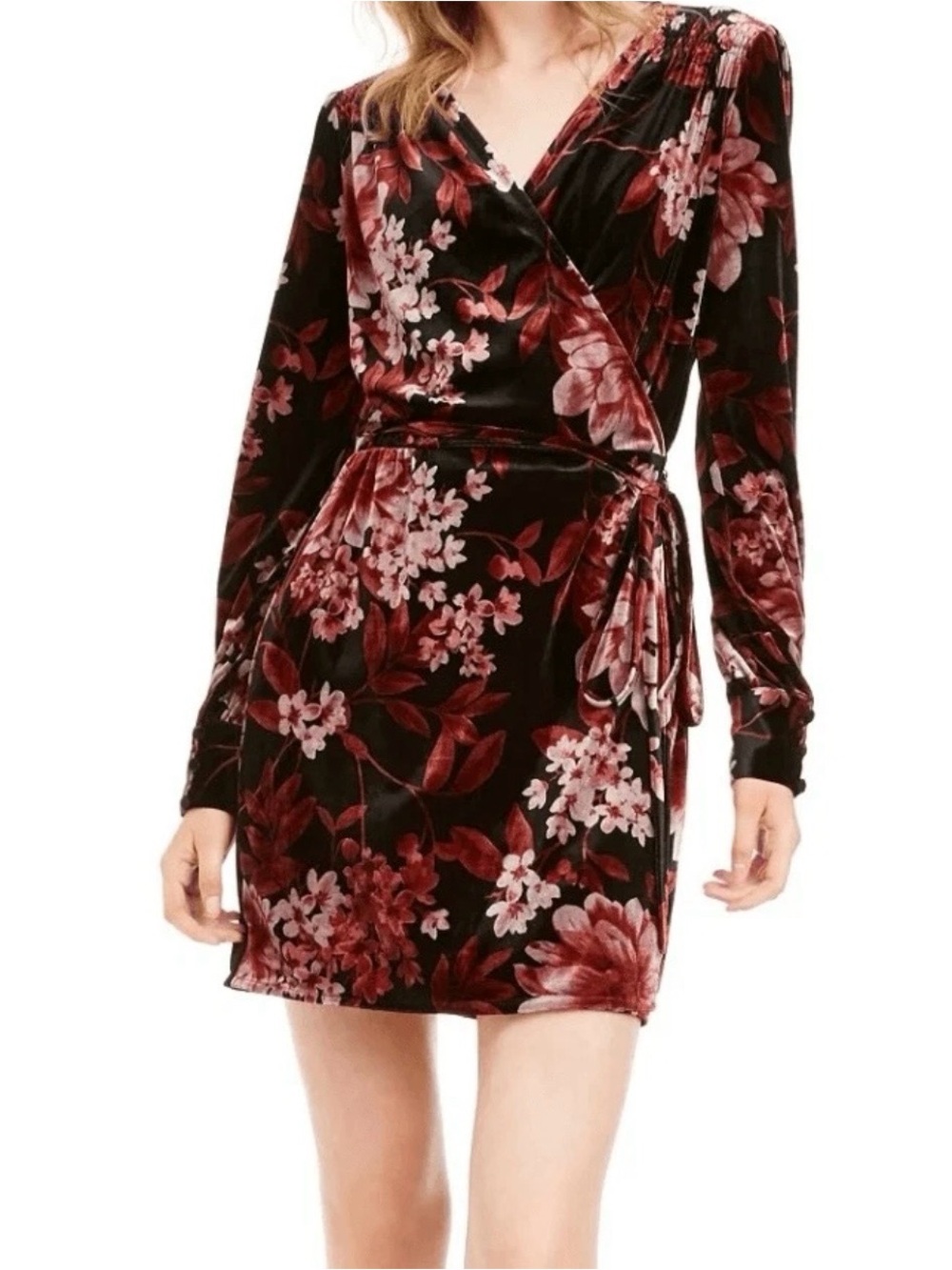 Leyden Velvet Floral Wrap Midi Dress size Medium Black/Brown/Pink